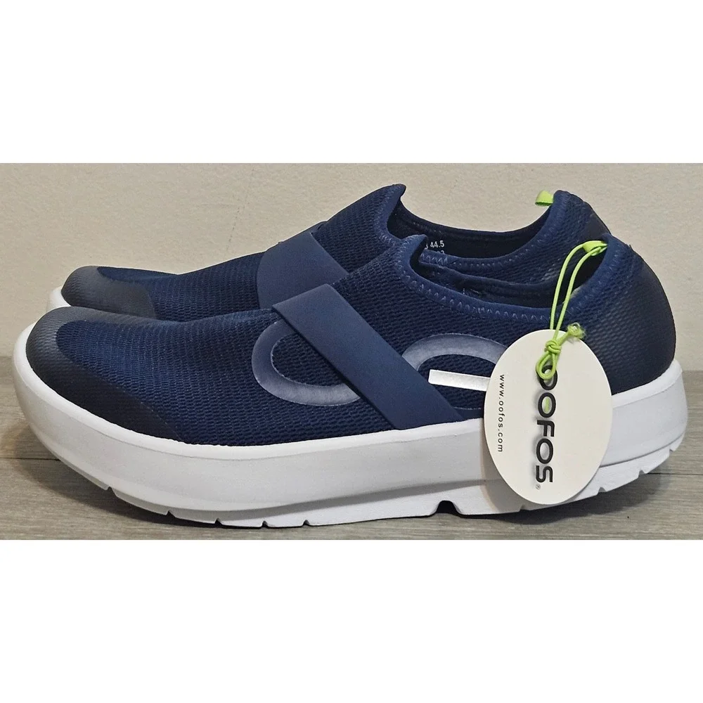 OOFOS Mens Low Mesh Comfort Recovery‎ Slip On Shoes White Navy Mens 11.5 NWT